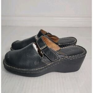BORN Womens SZ 8 Chunky Platform Mules Black Leather Slip On Clog Shoes
